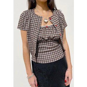 Lisa Says Gah Sisilia Sweater Set Cocoa Plaid w/ Red Rosette Detail size L